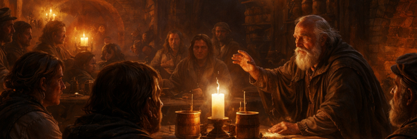 Dimly lit tavern with warm candlelight